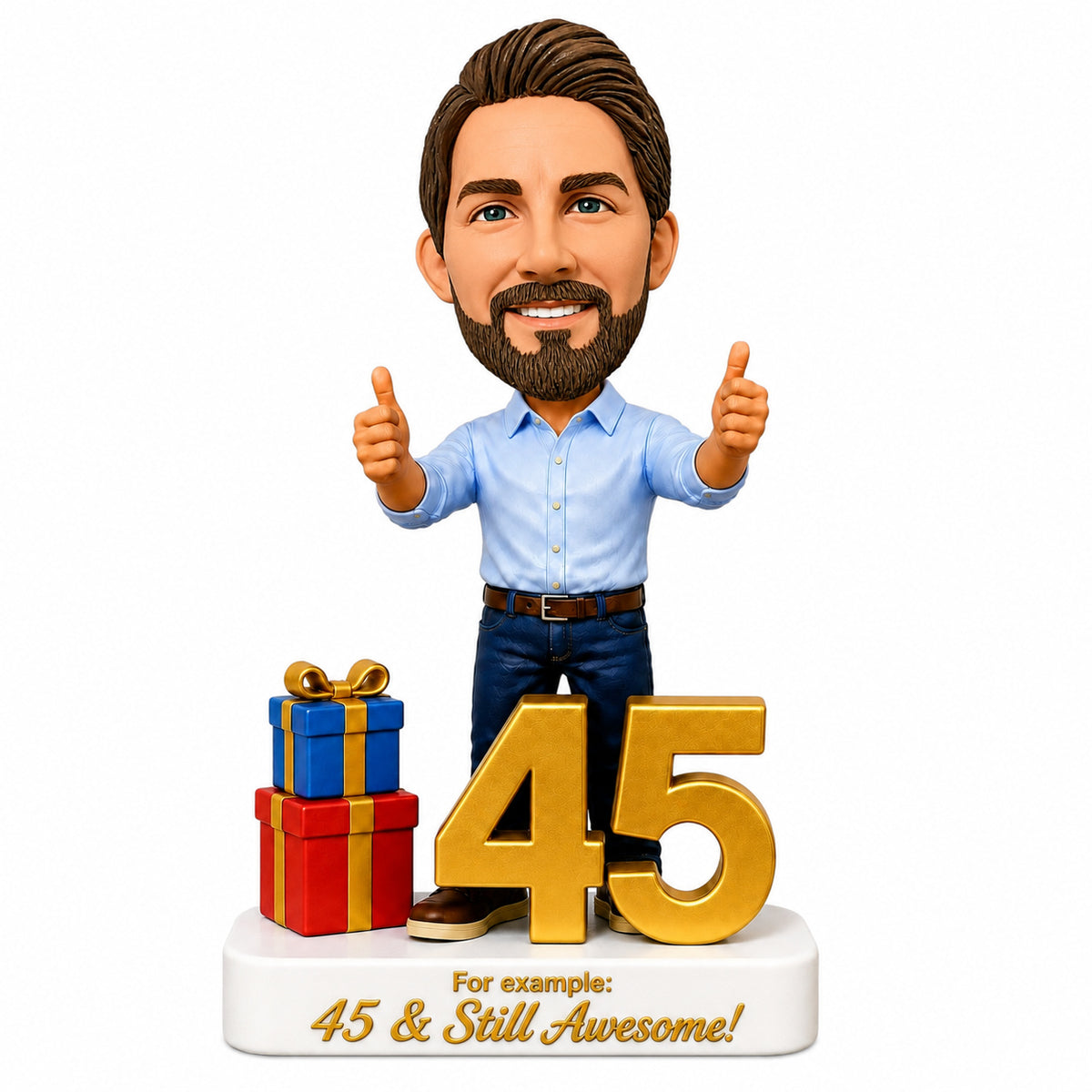 Custom 45th Birthday Bobblehead for Men Giving Two Thumbs Up –— Customizable Any Outfit & Pose