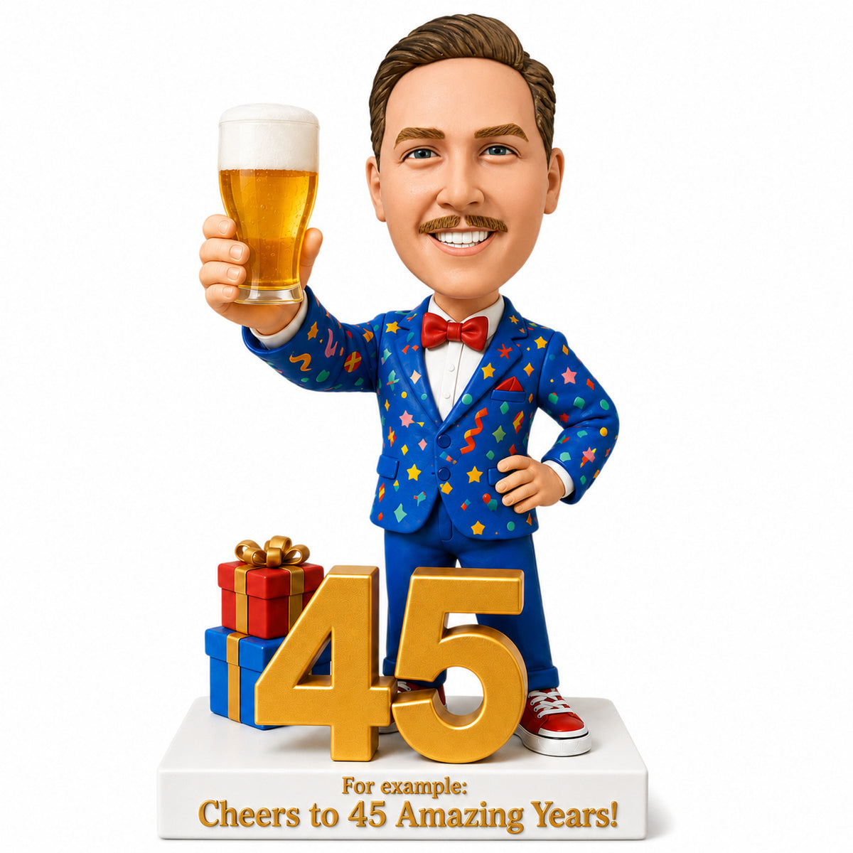 Custom 45th Birthday Bobblehead for Men Holding a Beer –- Customizable Any Outfit & Pose