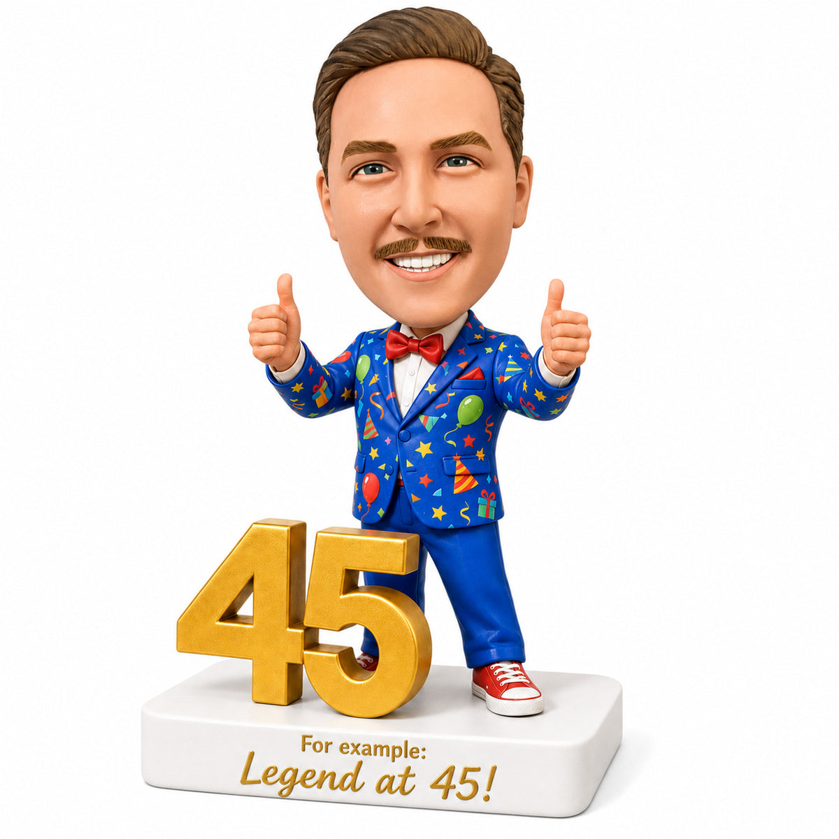 Custom 45th Birthday Bobblehead for Men in a Party Suit -– Customizable Any Outfit & Pose