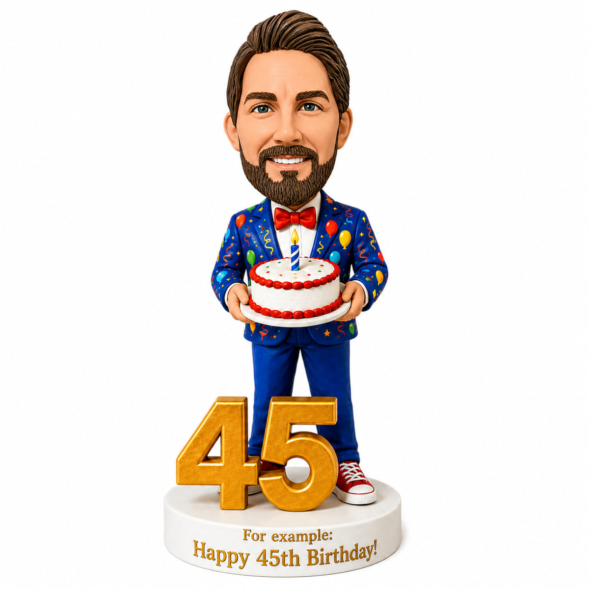 Custom 45th Birthday Bobblehead for Men Holding a Cake –– Customizable Any Outfit & Pose