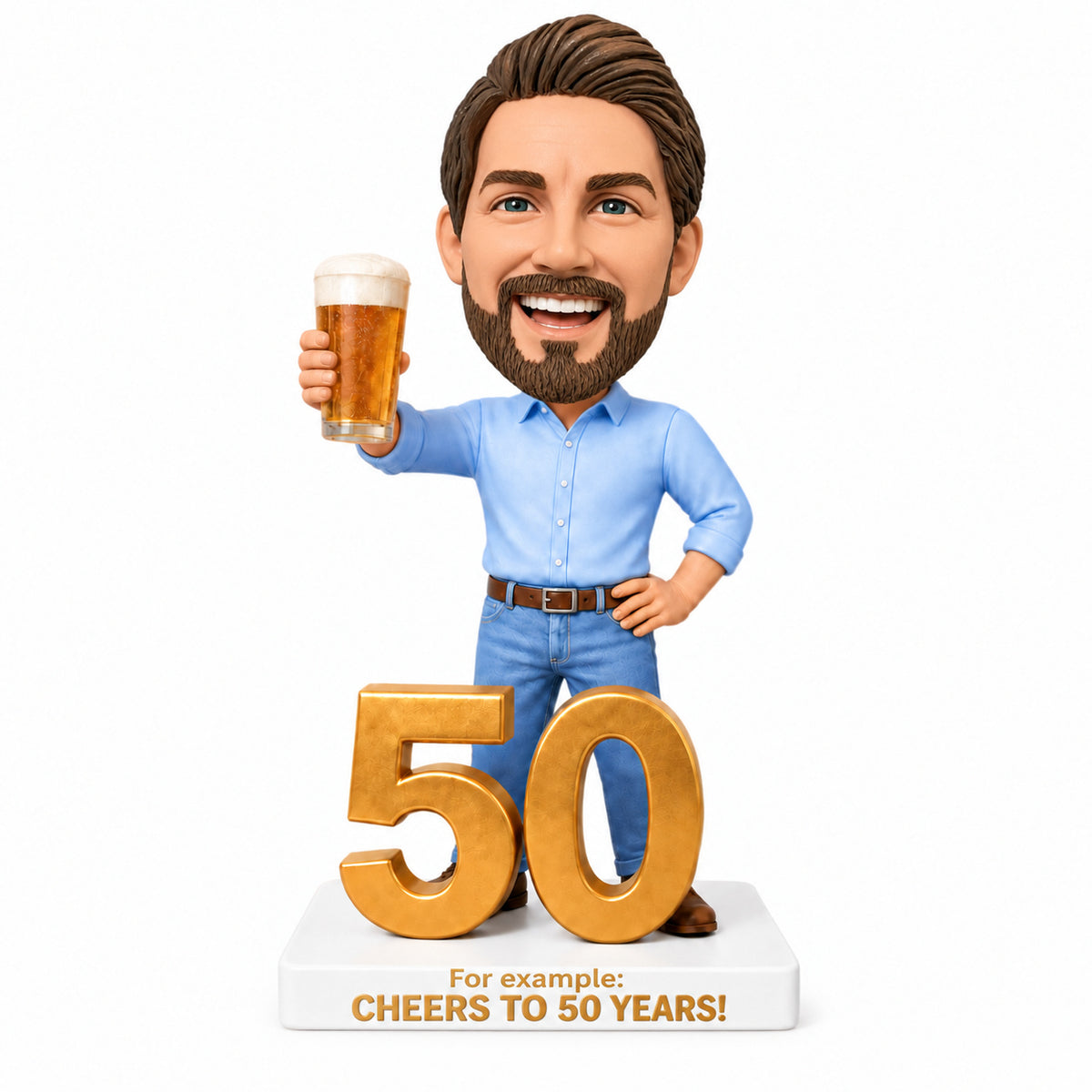 Custom 50th Birthday Bobblehead for Men Holding a Beer –- Customizable Any Outfit & Pose