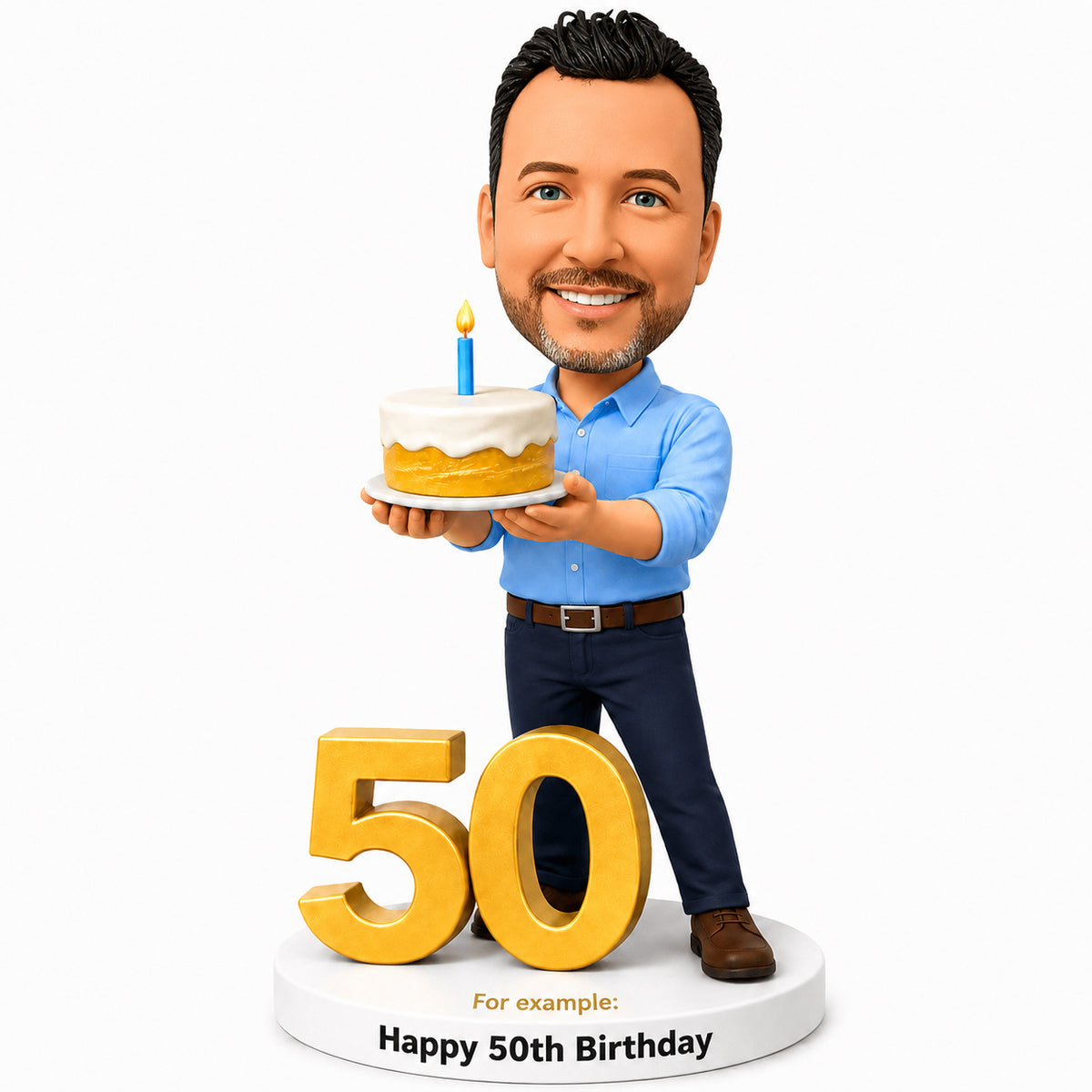 Custom 50th Birthday Bobblehead for Men Holding a Cake –- Optional Outfit & Pose Customization