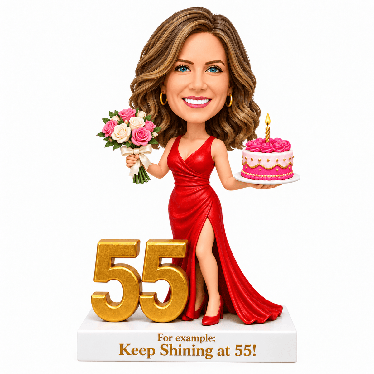 Custom 55th Birthday Bobblehead for Her –- Customizable Any Outfit & Pose