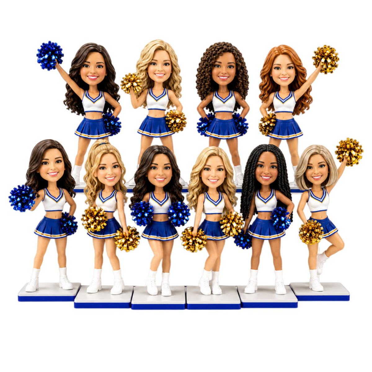 Custom Cheerleading Team Bobbleheads with Pom-Poms – Customizable Uniforms & Poses