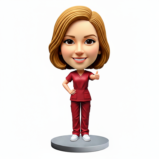 Female Doctor Wearing Red Scrubs Custom Bobbleheads - Customizable Pose & Outfit