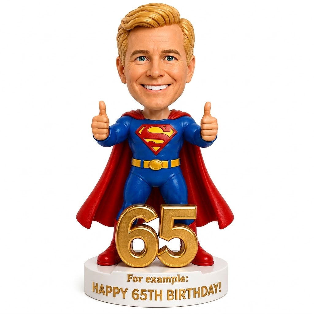 Custom 65th Birthday Superhero Bobblehead –– Customizable Any Outfit & Pose