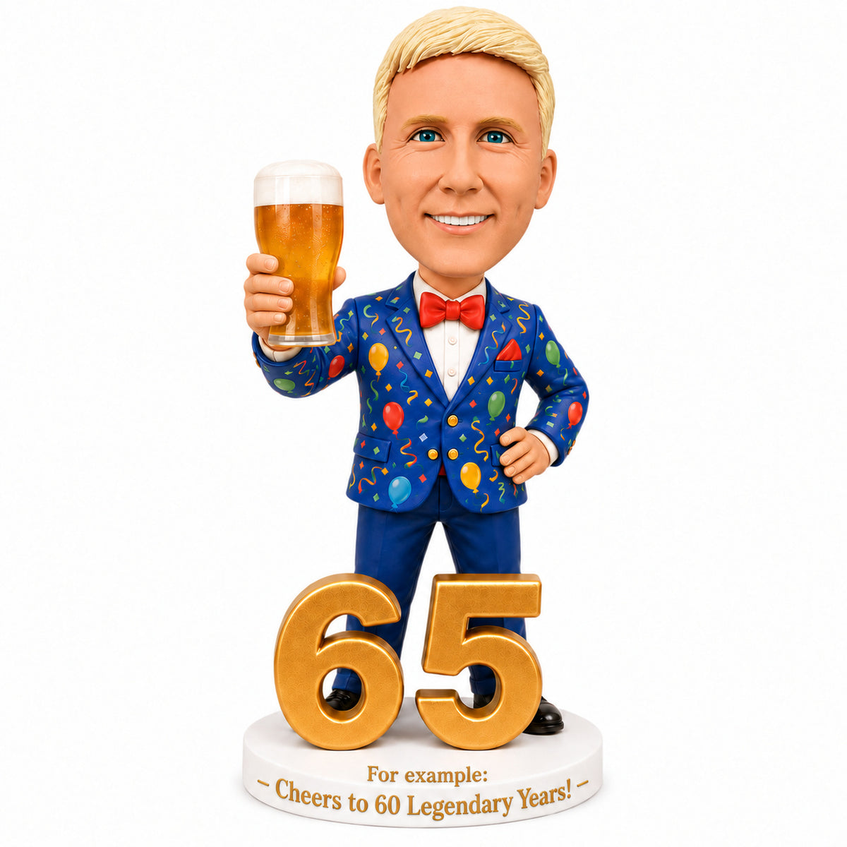 Custom 65th Birthday Bobblehead for Men in a Party Suit –– Customizable Any Outfit & Pose