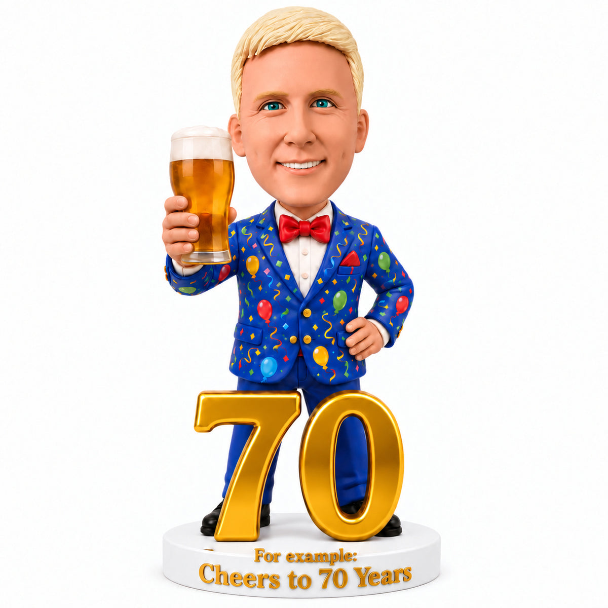 Custom 70th Birthday Bobblehead for Men in a Party Suit –– Customizable Any Outfit & Pose
