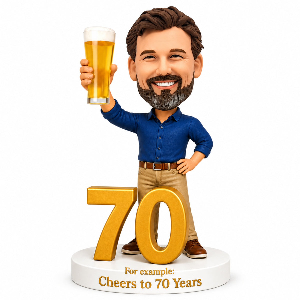 Custom 70th Birthday Bobblehead for Men Holding a Beer –- Customizable Any Outfit & Pose