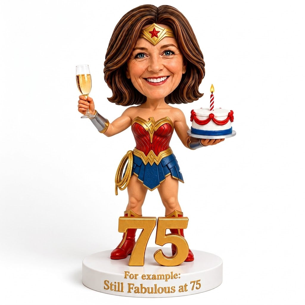 Cheers to 75 –- Custom 75th Birthday Bobblehead for Her –- Customizable Any Outfit & Pose