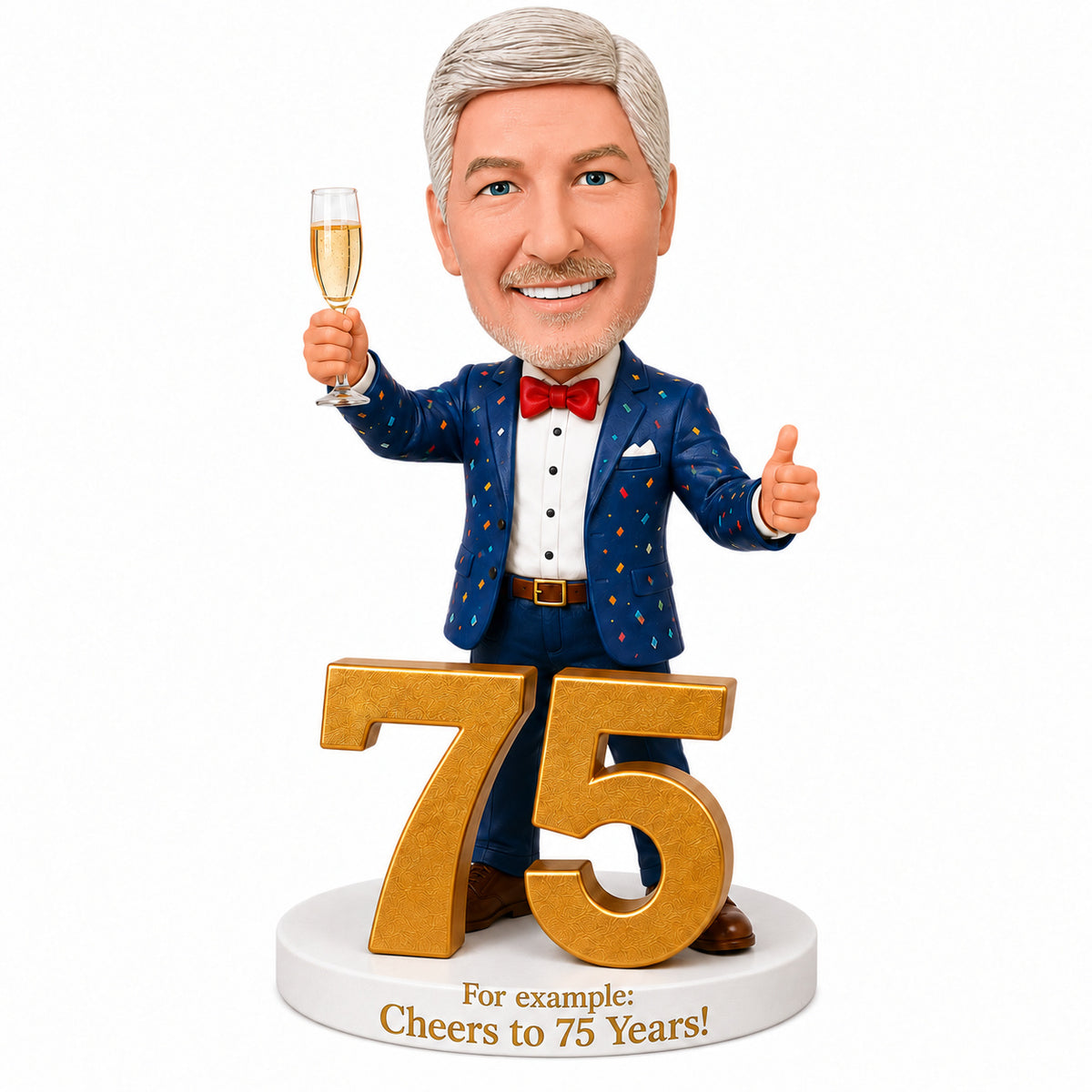Custom 75th Birthday Bobblehead for Men Holding a Glass of Champagne –- Customizable Any Outfit & Pose