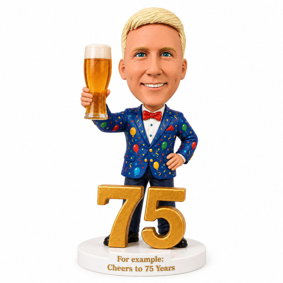Custom 75th Birthday Bobblehead for Men Holding a Beer –- Optional Outfit & Pose Customization