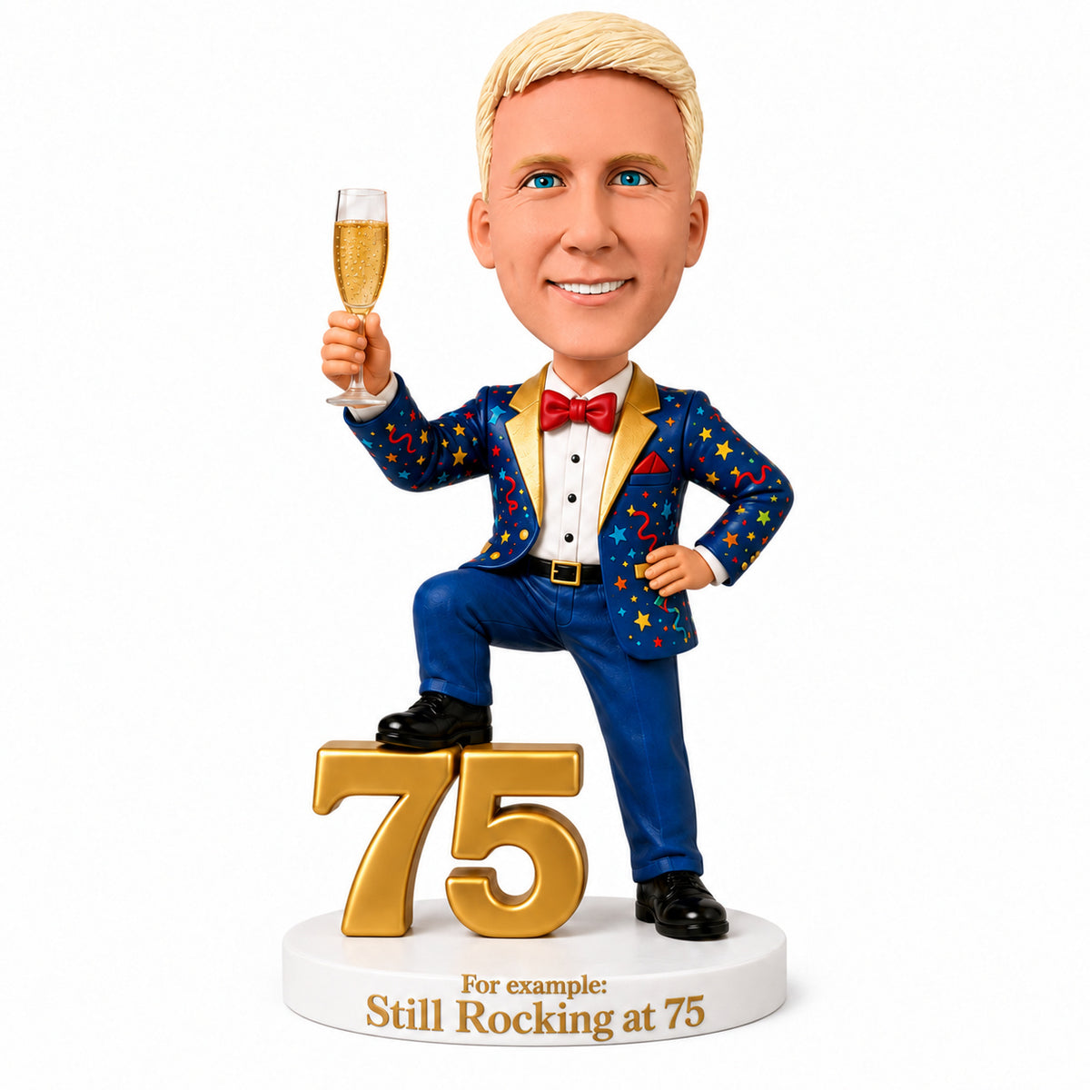 Custom 75th Birthday Bobblehead for Men Holding a Glass of Champagne –- Customizable Any Outfit & Pose