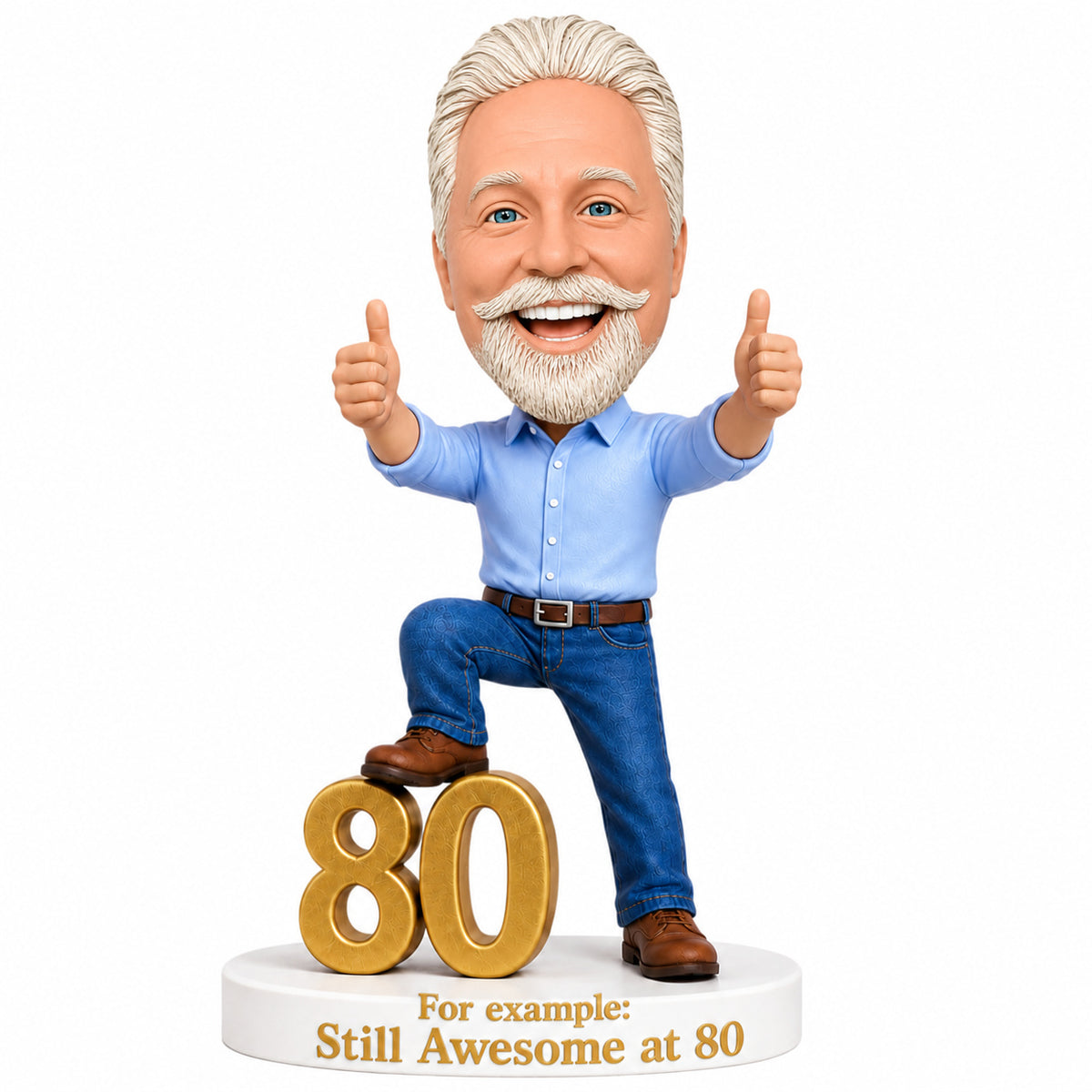 Custom 80th Birthday Bobblehead for Men Giving Two Thumbs Up –— Optional Outfit & Pose Customization