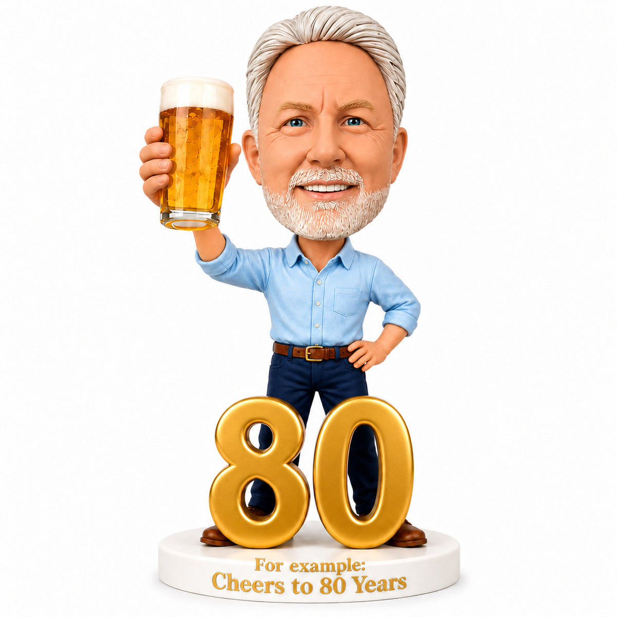 Custom 80th Birthday Bobblehead for Men Holding a Beer –- Customizable Any Outfit & Pose
