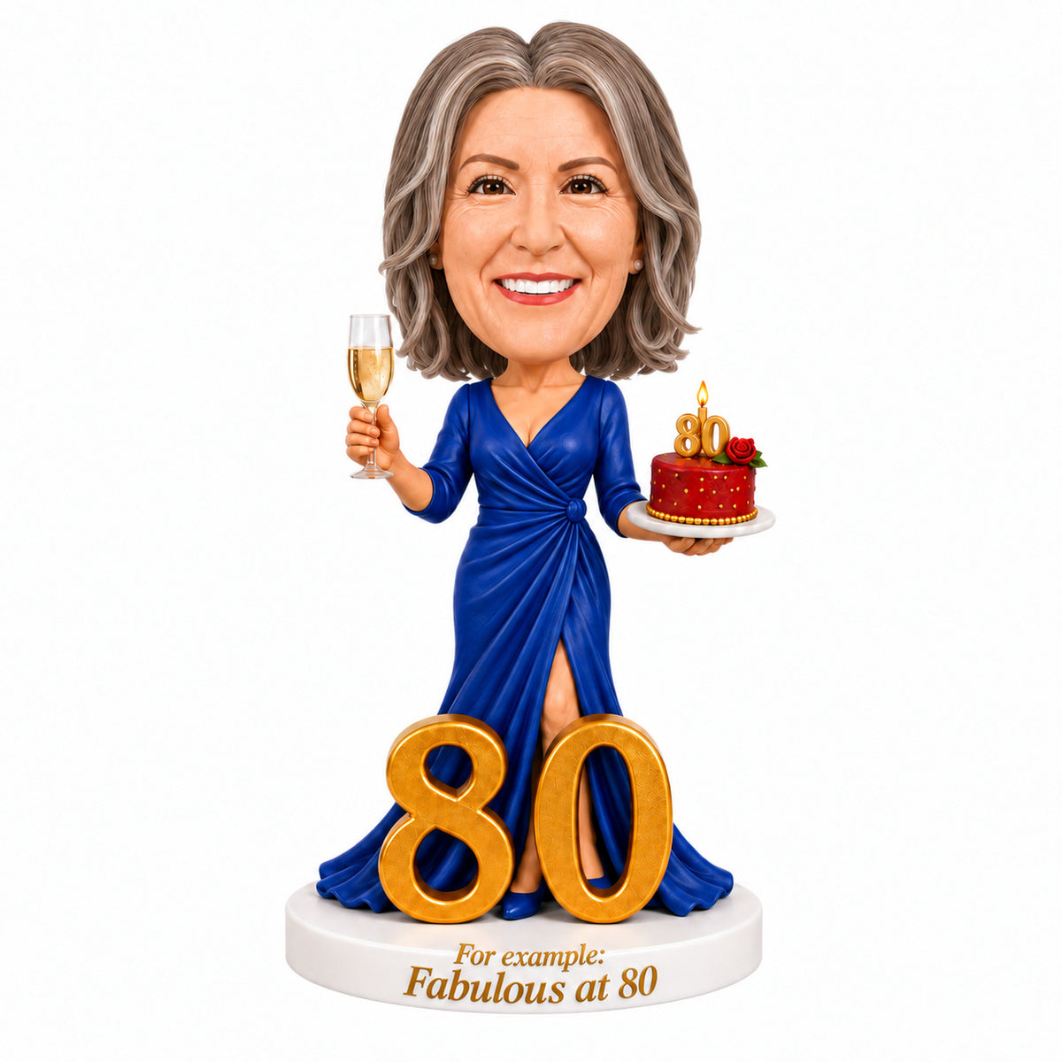 Cheers to 80 –- Custom 80th Birthday Bobblehead for Her –- Customizable Any Outfit & Pose