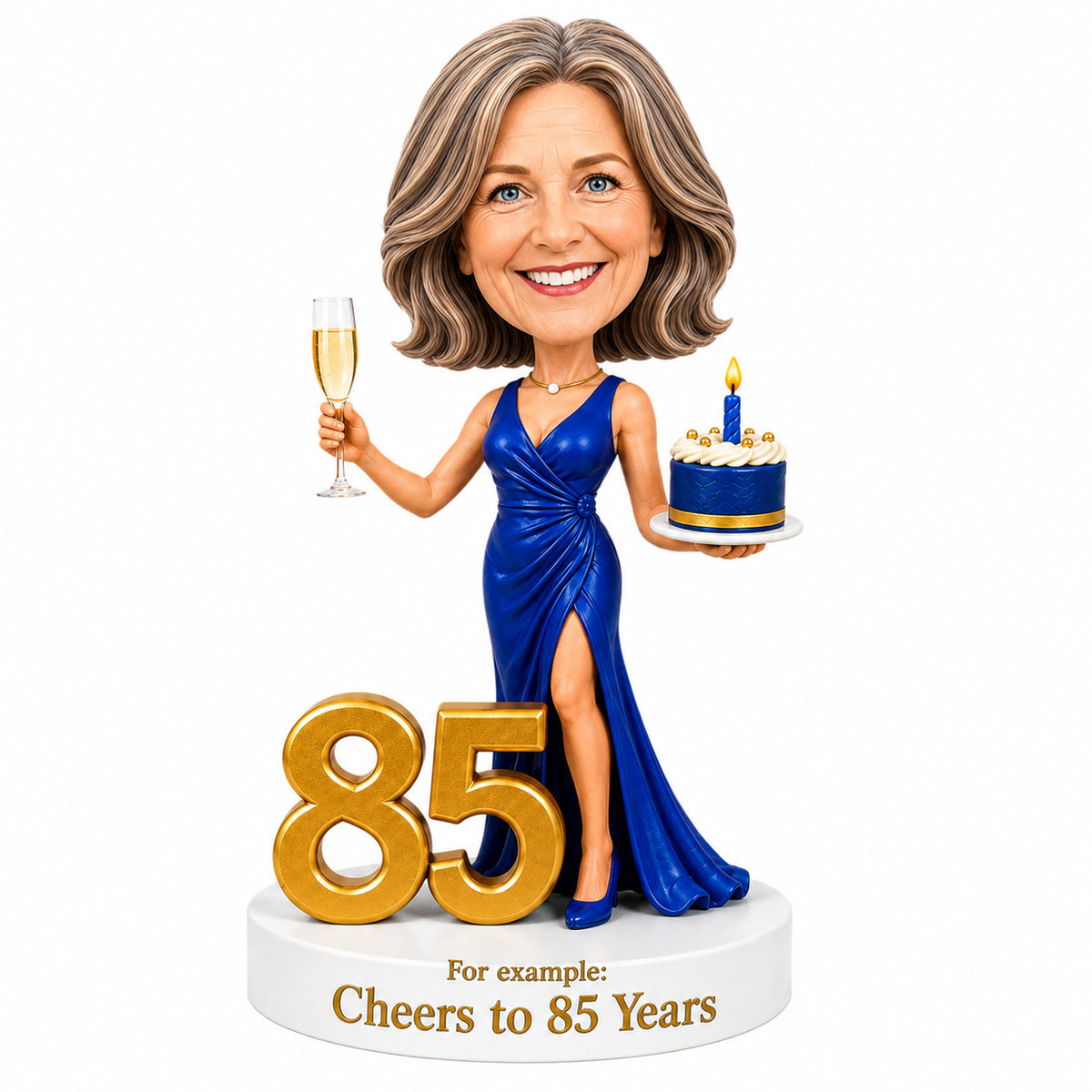 Cheers to 85 –- Custom 85th Birthday Bobblehead for Her –- Customizable Any Outfit & Pose