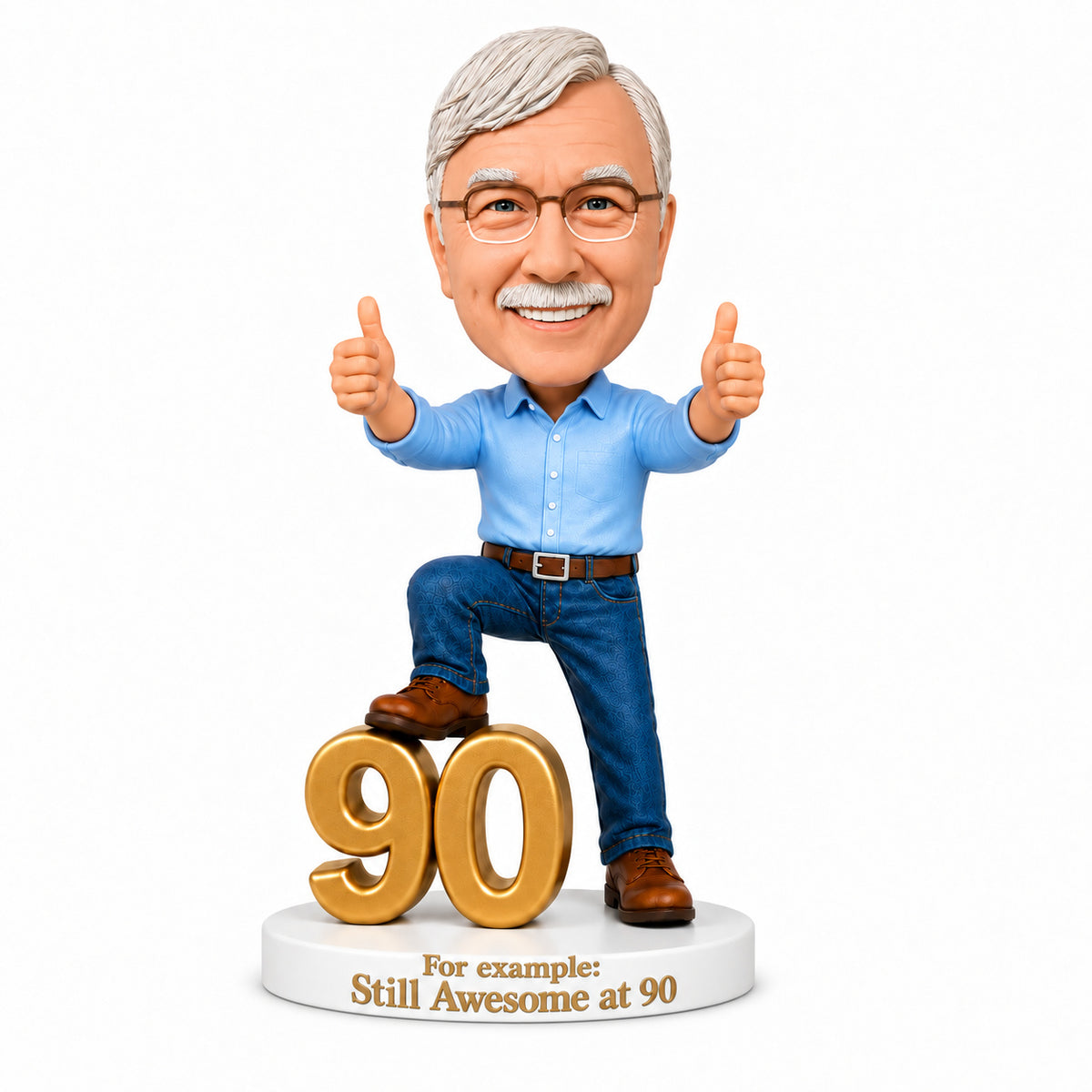 Custom 90th Birthday Bobblehead for Men Giving Two Thumbs Up —— Optional Outfit & Pose Customization