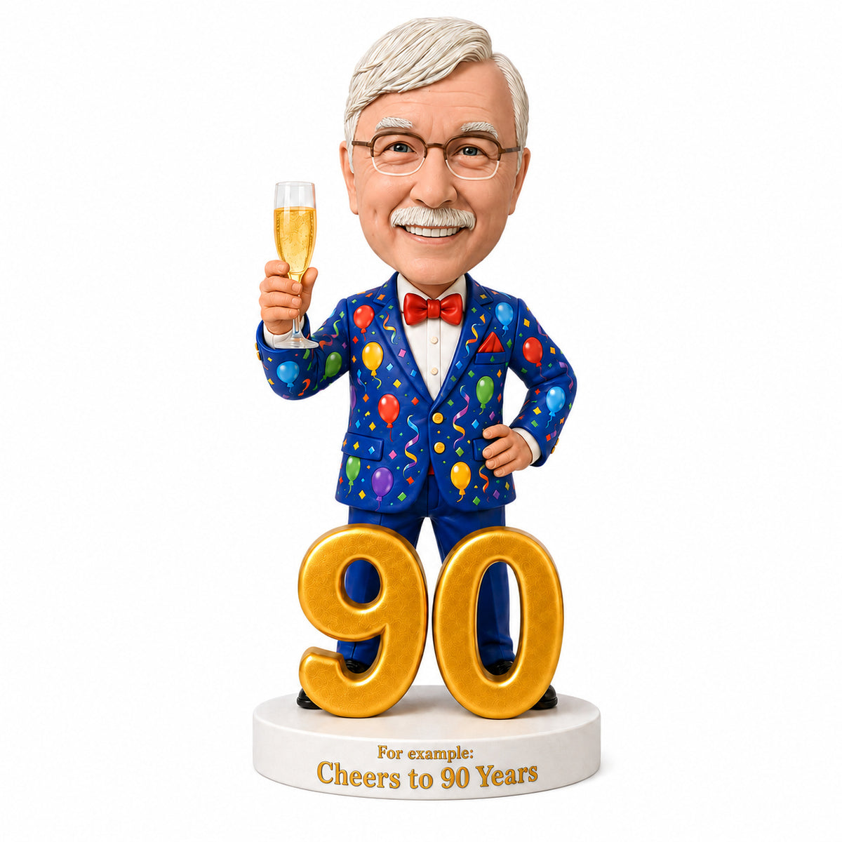 Custom 90th Birthday Bobblehead Gift for Men with Champagne –- Customizable Any Outfit & Pose