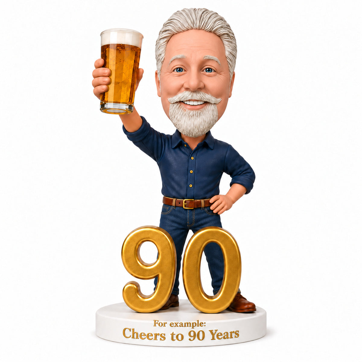 Custom 90th Birthday Bobblehead for Men Holding a Beer –- Customizable Any Outfit & Pose