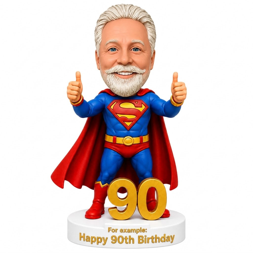 Custom 90th Birthday Superhero Bobblehead –– Customizable Any Outfit & Pose