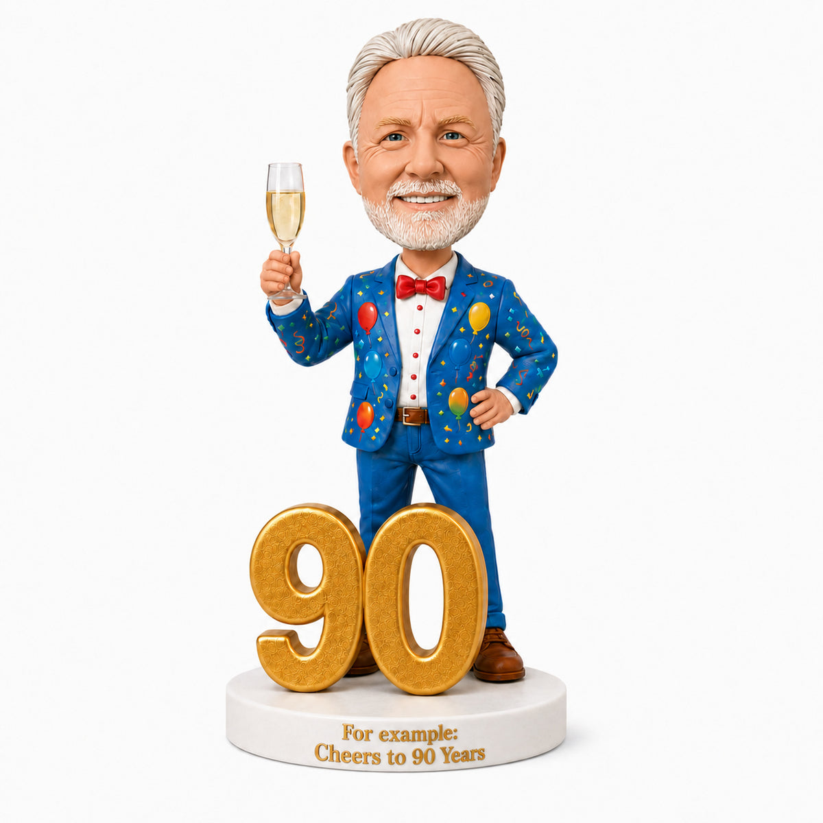 Custom 90th Birthday Bobblehead Gift for Men with Champagne –- Optional Outfit & Pose Customization