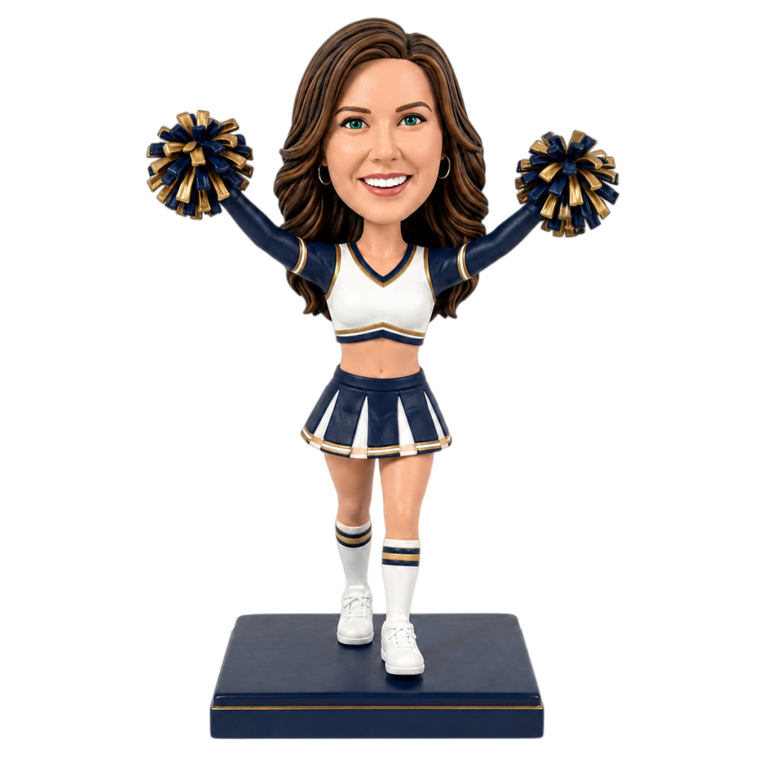 Custom Female Cheerleader Bobbleheads with Raised Pom-Poms – Customizable Cheerleading Uniform & Pose
