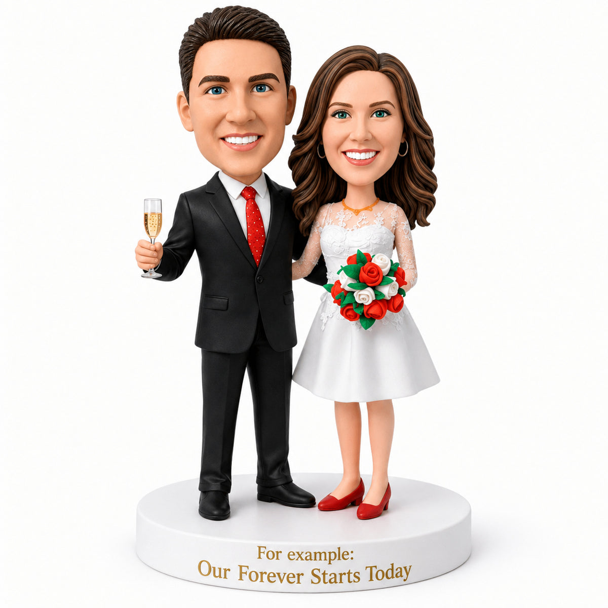 Custom Couple Bobbleheads – Bride & Groom with Champagne & Bouquet | Customizable Any Outfit & Pose