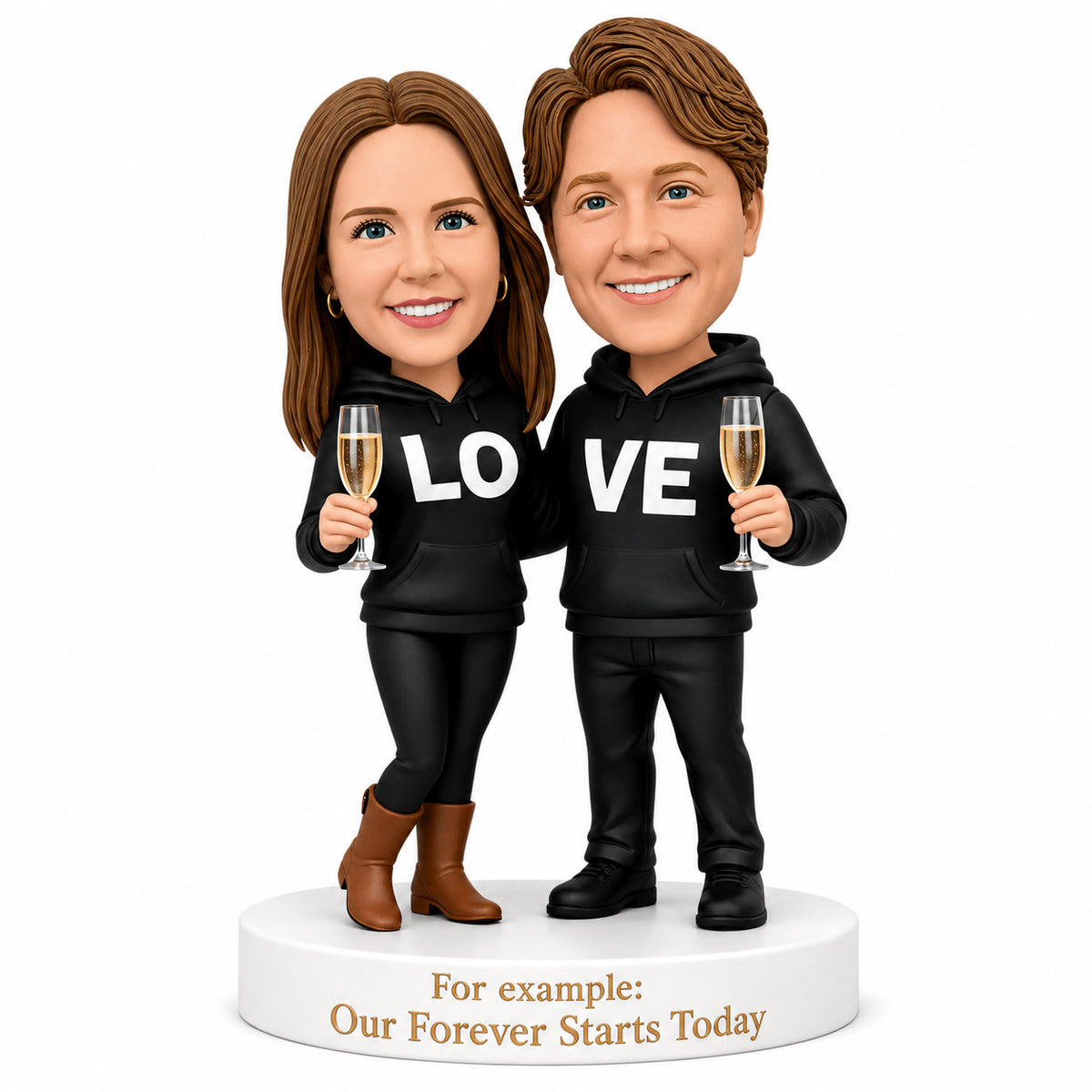 Custom LOVE Hoodie Couple Bobbleheads with Champagne | Customize Any Outfit & Pose