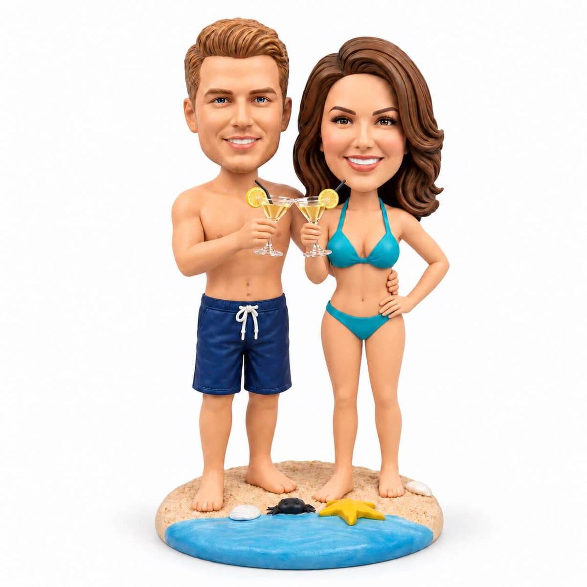 Custom Couple Bobbleheads – Beach Vacation Pose | Customizable Any Outfit & Pose