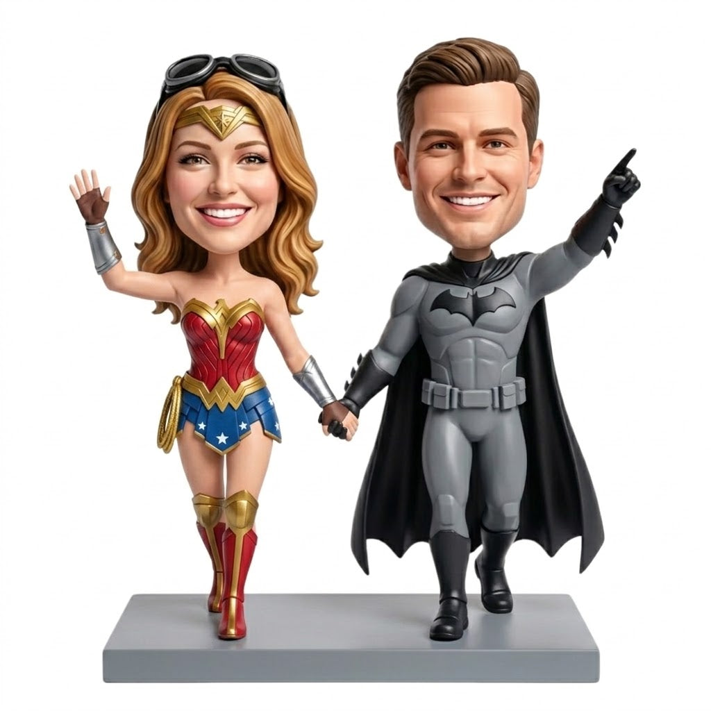 Custom Superhero Couple Bobbleheads – Holding Hands -- Customizable Any Outfit & Pose
