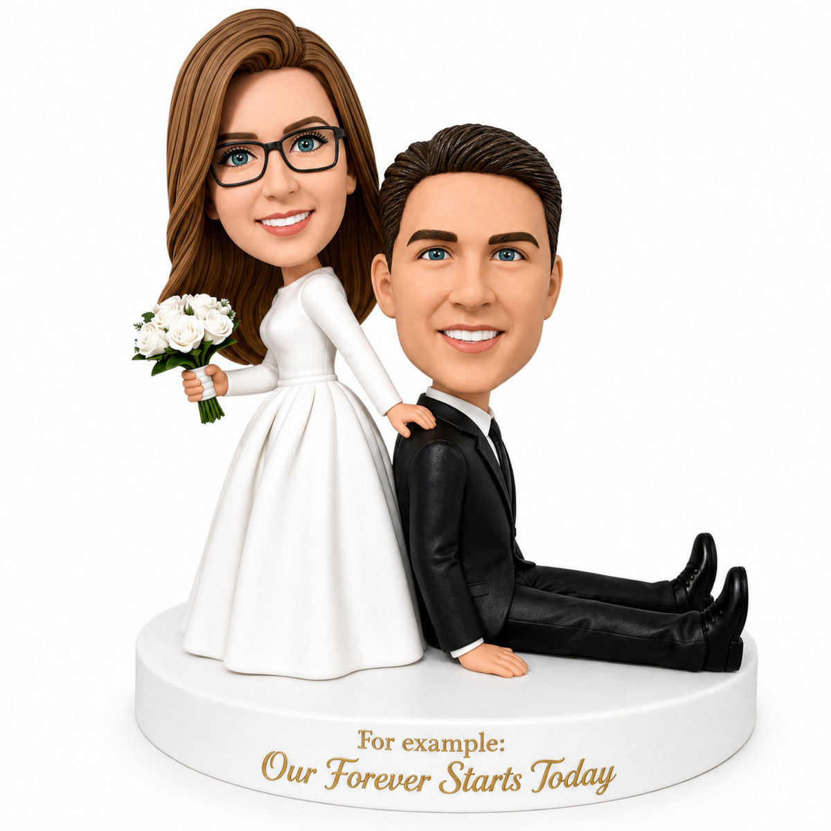 Custom Bride & Groom Bobblehead Cake Topper – Seated Groom Pose | Customize Any Outfit & Pose