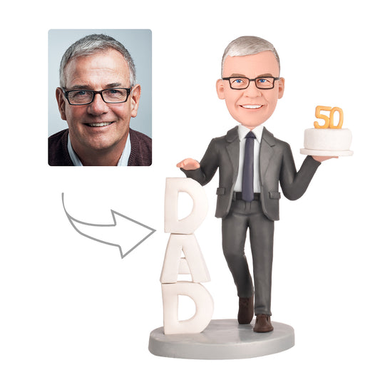 50th Birthday Presents for Dad - Personalized Bobbleheads - Dad Holding a Cake in One Hand