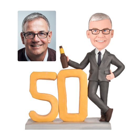 50th Birthday Presents for Dad - Personalized Bobblehead - Dad in a Gray Suit