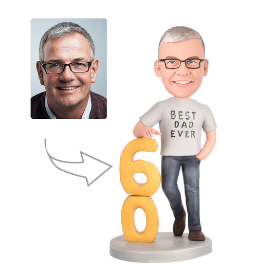 60th Birthday Gift for Dad Personalized  Bobbleheads - Dad in a Gray T-shirt