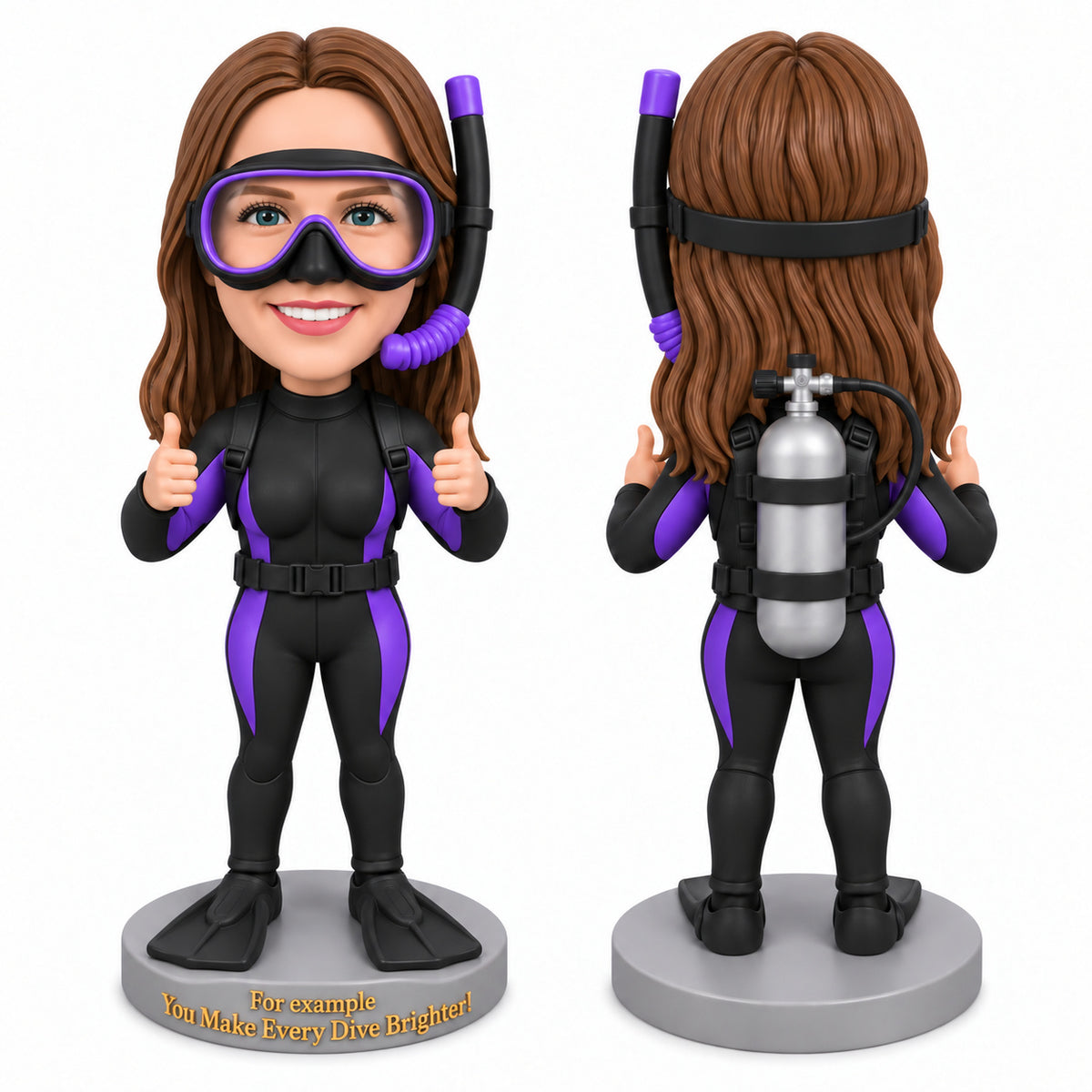 Custom Female Scuba Divers Bobbleheads –-- Customizable Wetsuit & Pose