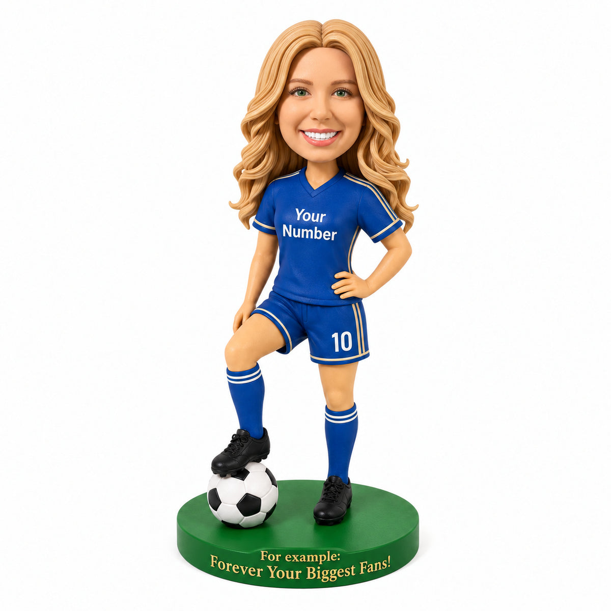 Custom Female Soccer Player Bobbleheads Posing with a Soccer Ball – Customizable Soccer Uniform, Jersey Number & Pose