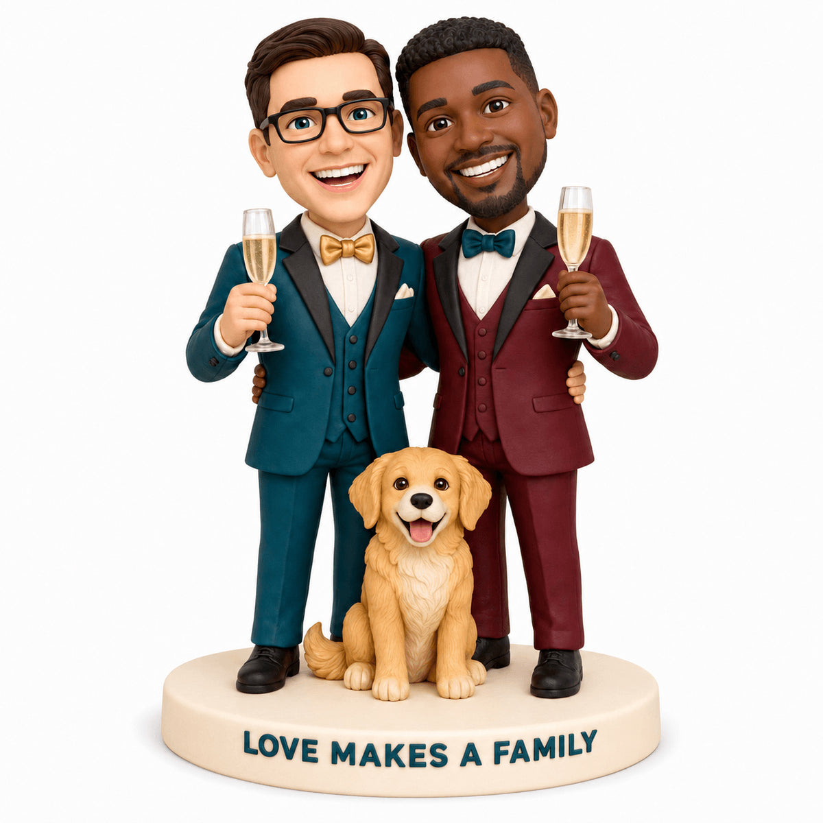 Wedding Gifts for Gay Men – Custom Gay Couple Bobbleheads with Dog & Champagne | Customize Any Outfit & Pose