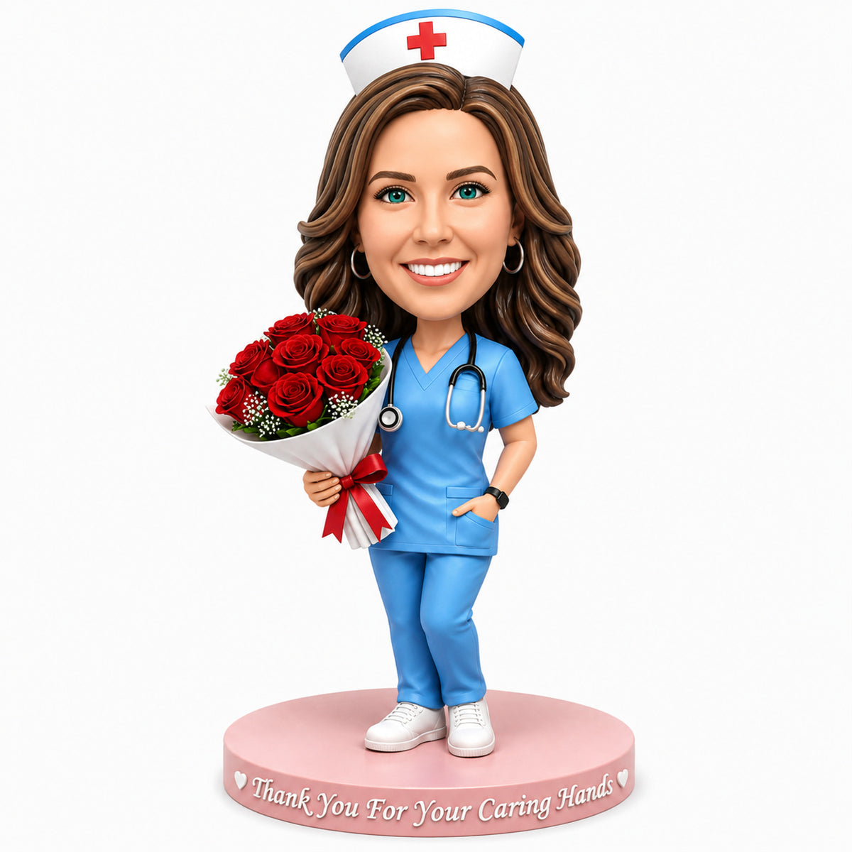 Custom Nurse Bobblehead with Flowers – Customizable Medical Attire & Pose