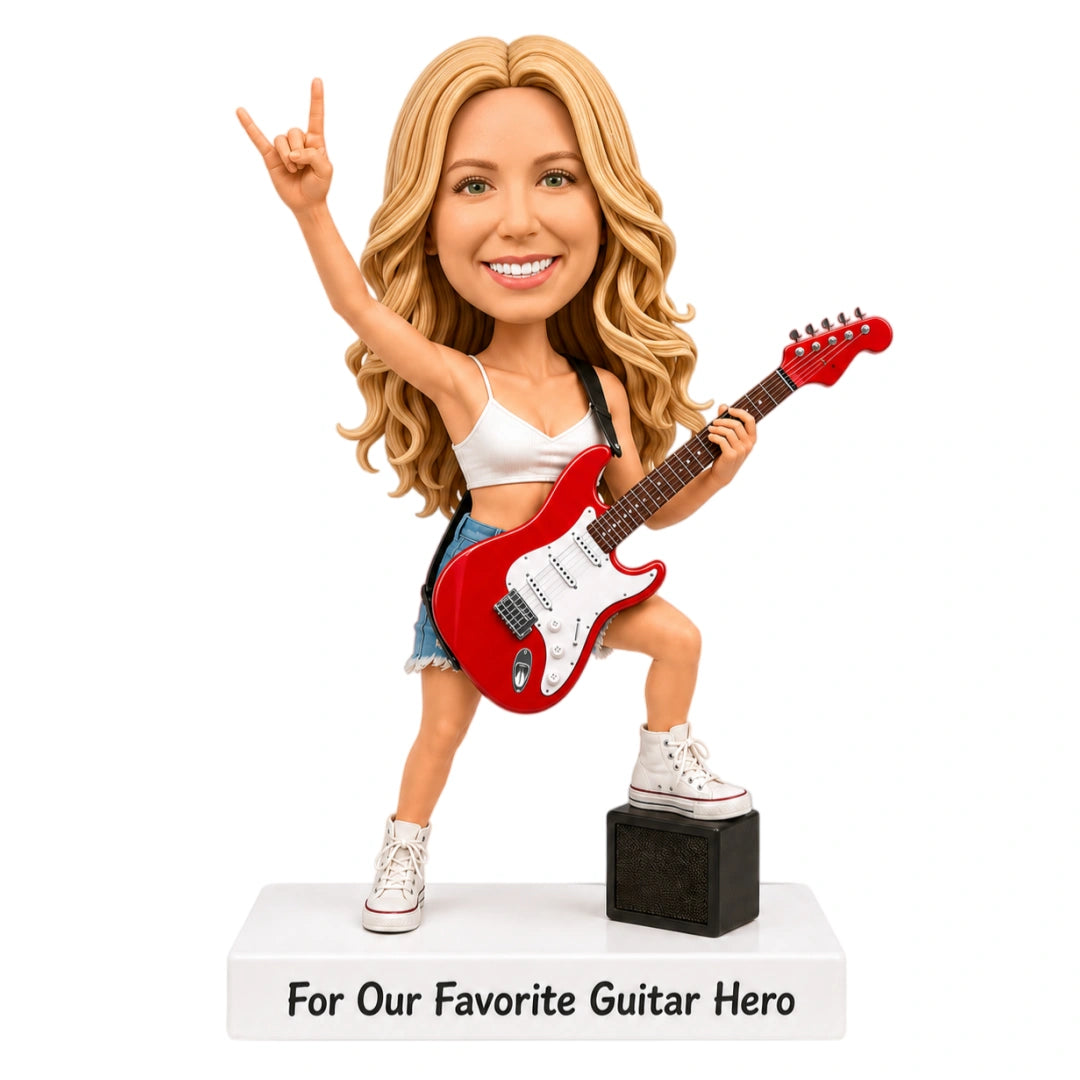 Custom Female Guitarist Bobbleheads – Customizable Outfit & Pose
