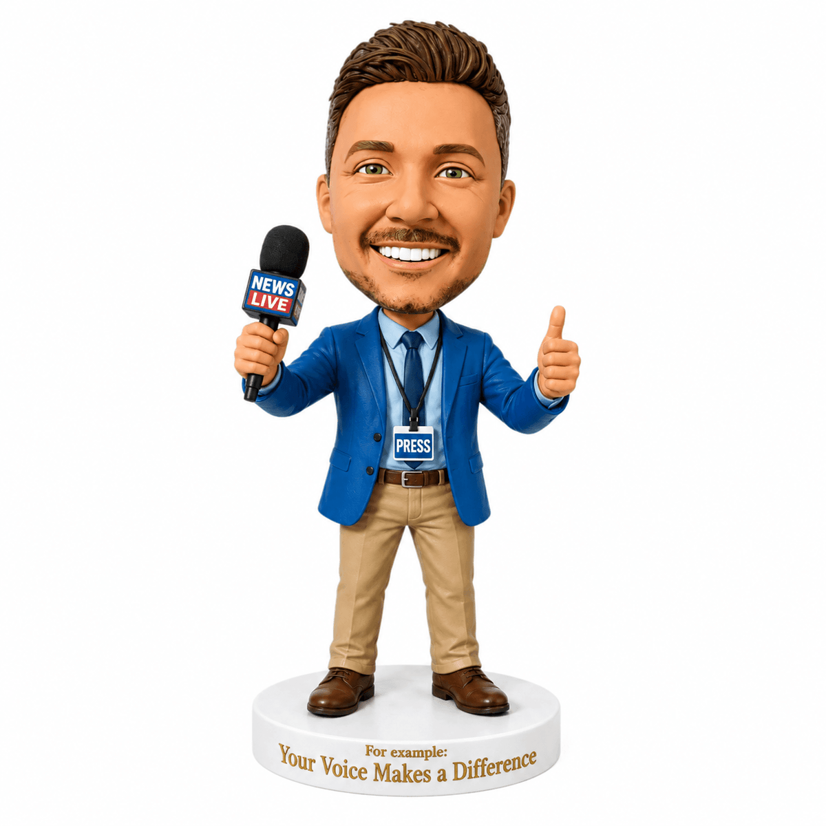 Custom Male Journalist Bobbleheads –- Customizable Outfit & Pose