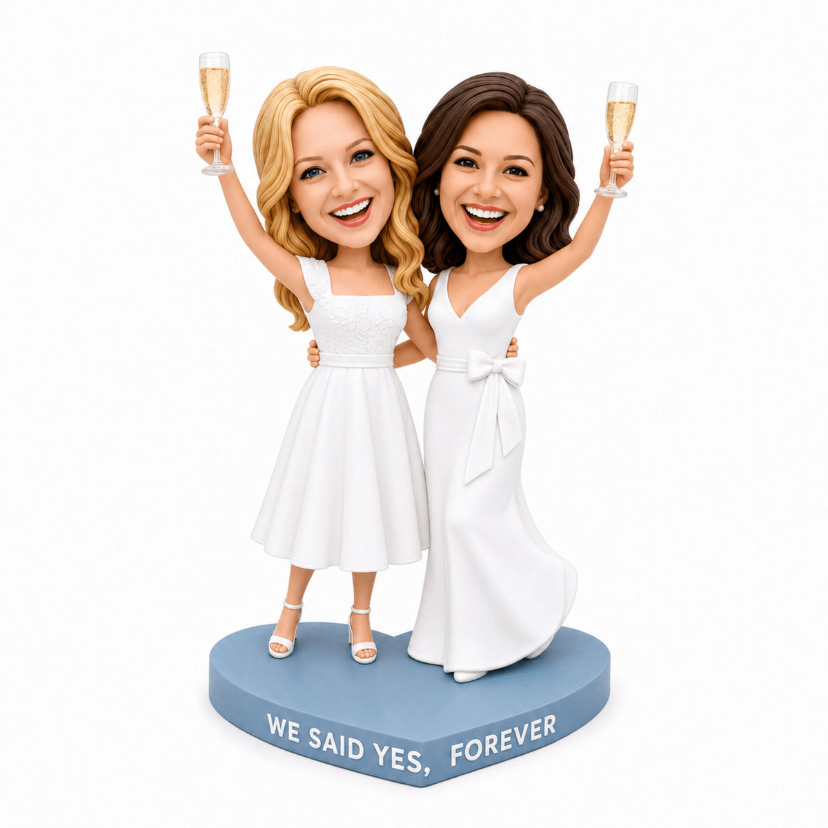Lesbian Wedding Gifts – Custom Lesbian Couple Bobbleheads with Champagne | Customize Any Outfit & Pose
