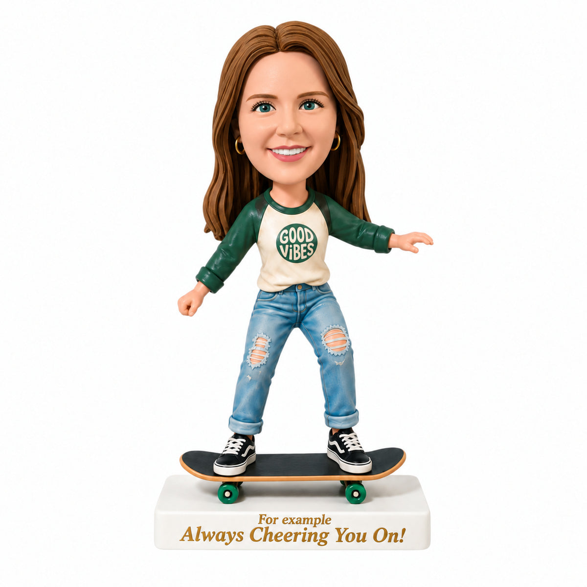 Custom Female Skateboarder Bobbleheads – Customizable Outfit & Pose