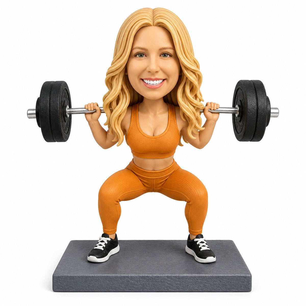 Custom Female Weightlifter Bobbleheads with Barbell – Customizable Workout Outfit & Pose