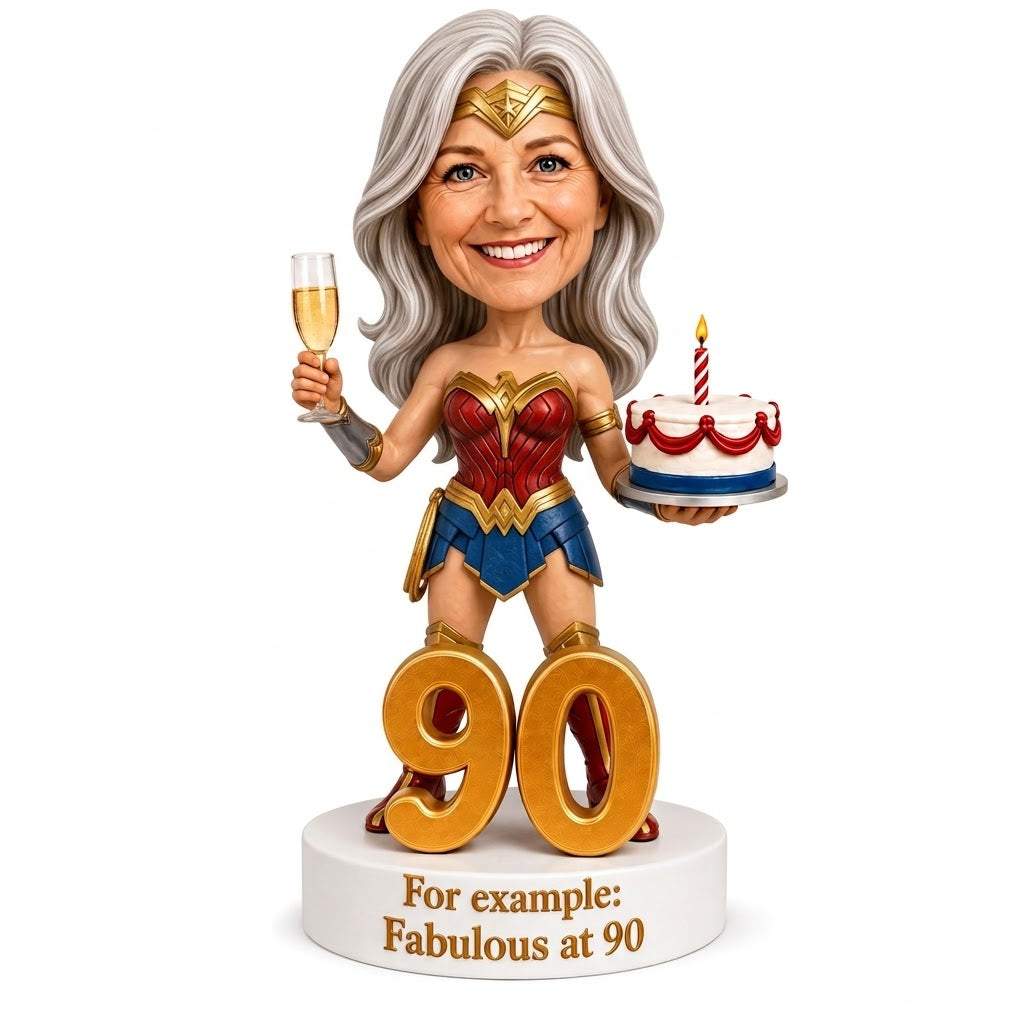 Custom 90th Birthday Superhero Bobblehead for Her – Customizable Any Outfit & Pose