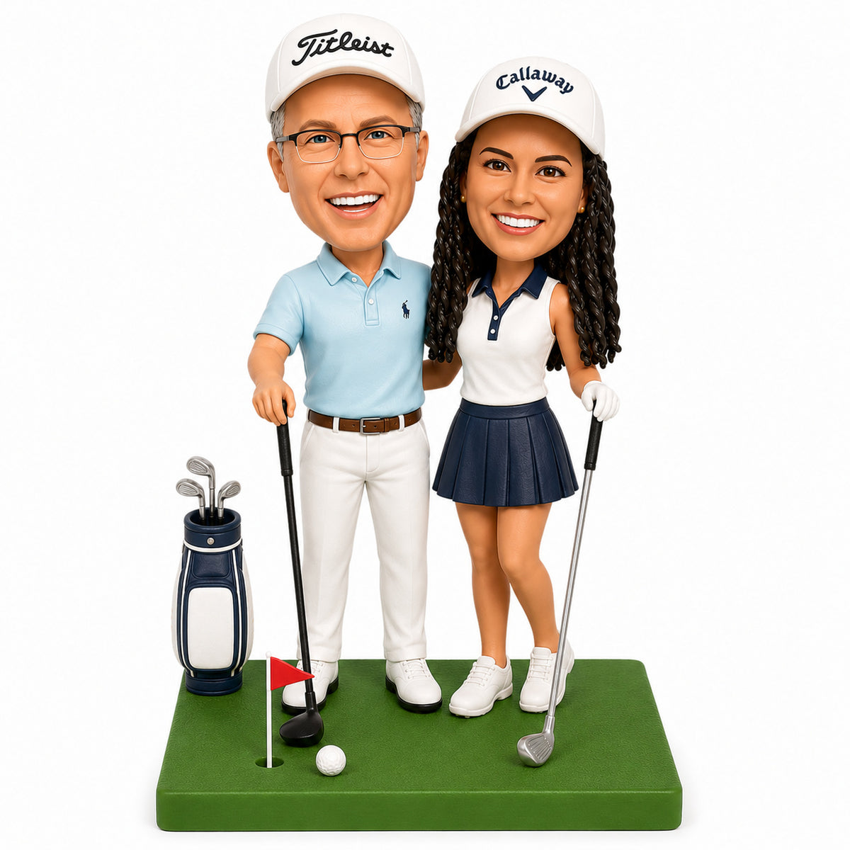 Custom Golf Couple Bobbleheads –- Customizable Outfit & Pose