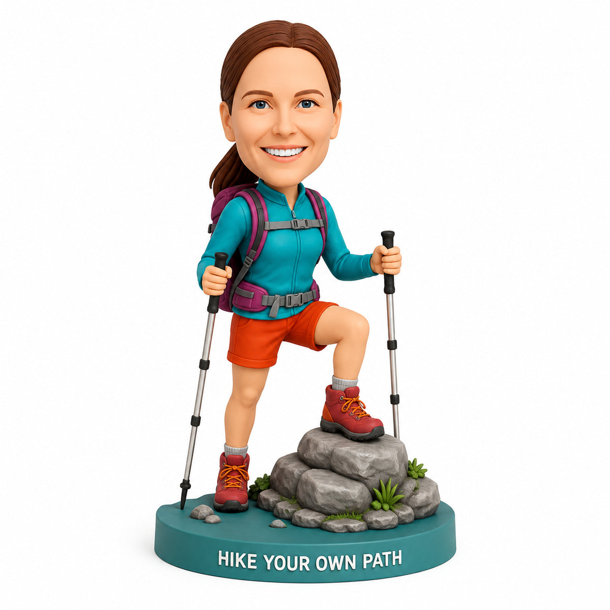 Custom Female Hiker Bobbleheads with Trekking Poles – Customizable Hiking Outfit & Pose