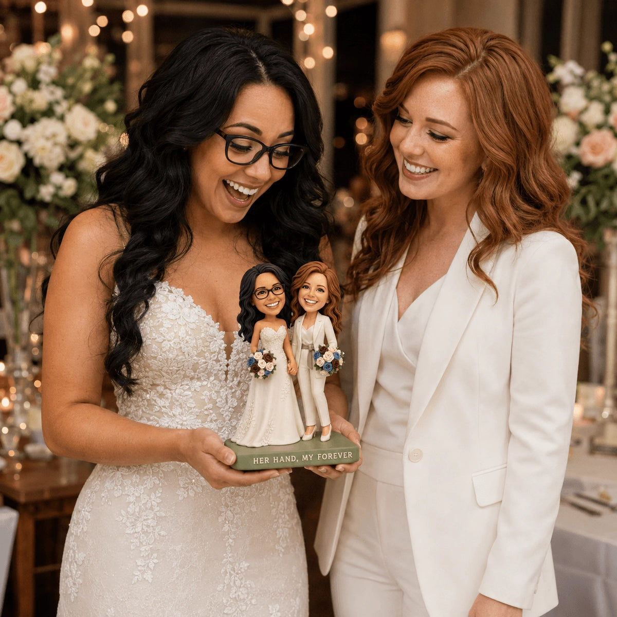 Lesbian Wedding Gifts – Custom Lesbian Couple Bobbleheads with Bouquets | Customize Any Outfit & Pose