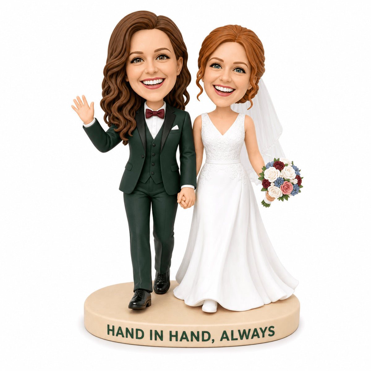 Lesbian Wedding Gifts – Custom Lesbian Couple Bobbleheads Holding Hands | Customize Any Outfit & Pose