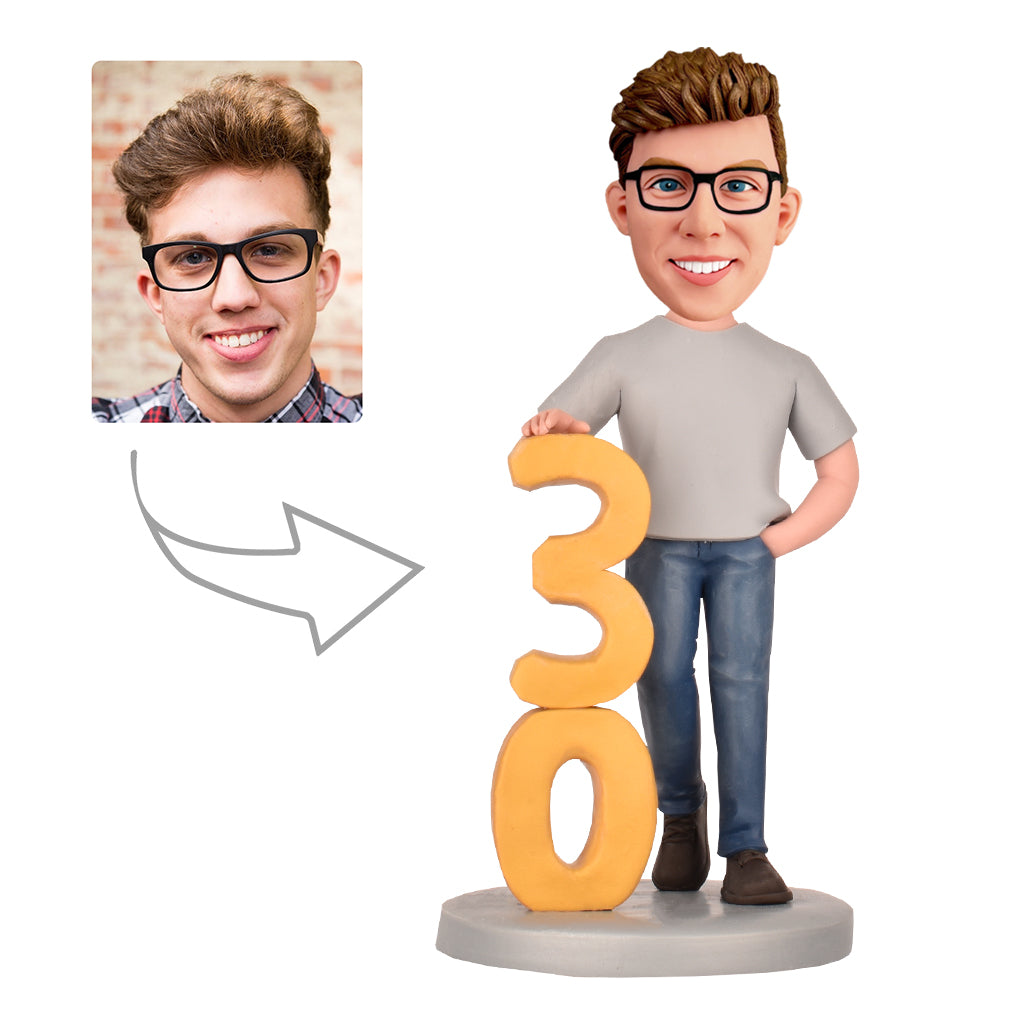30th Birthday Gifts for Men - Custom Bobbleheads - The Man in the Gray T-shirt